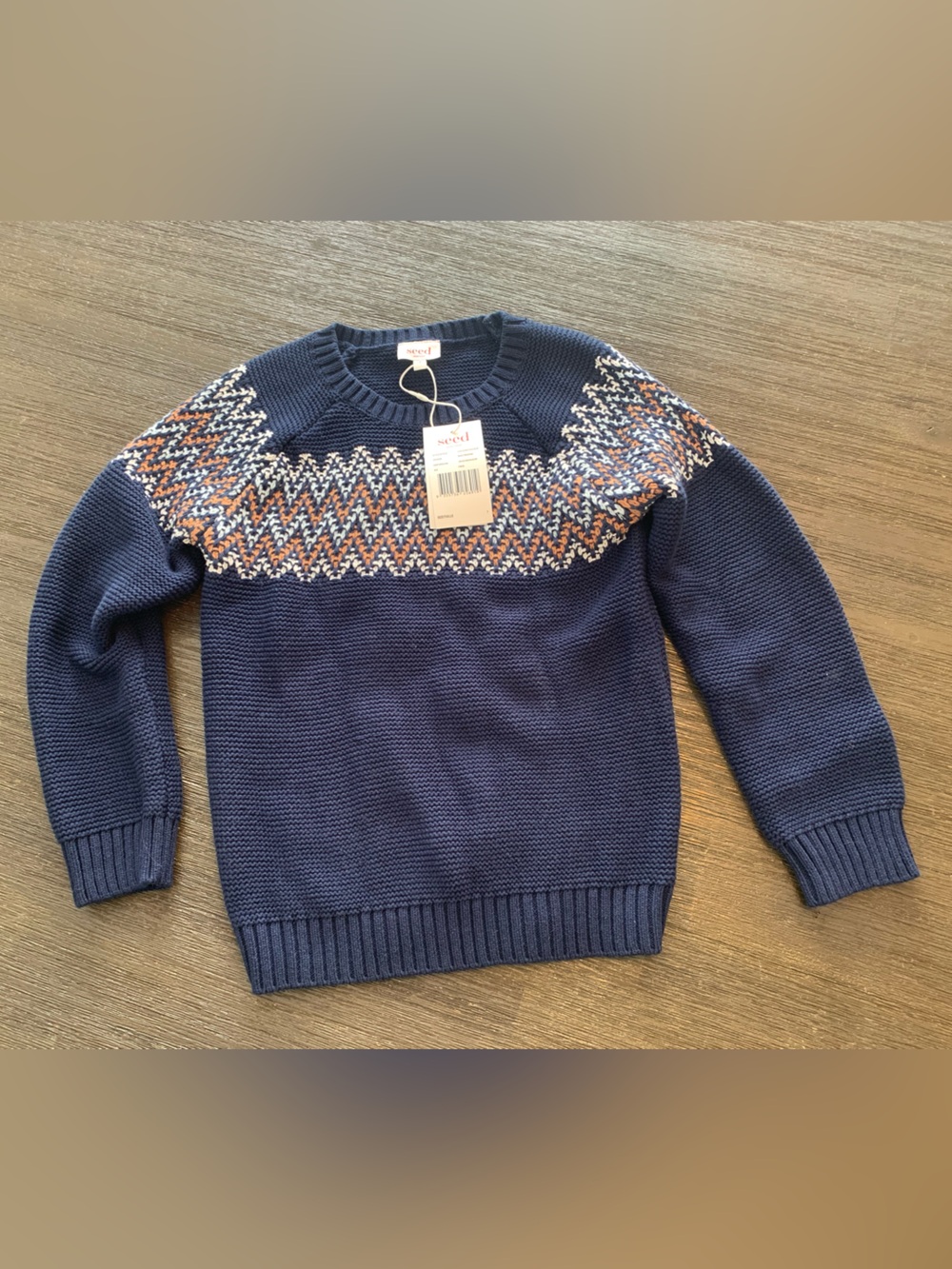 Seed Heritage Navy Sweater with White and Tan Zigzag Yoke